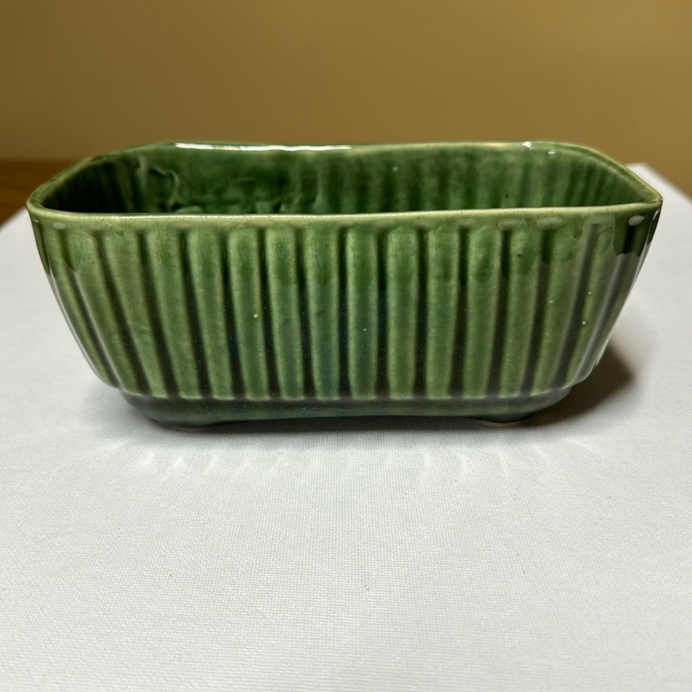 Brush Pottery Ribbed Green Rectangular Planter - signed Brush USA